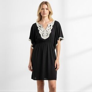 Mad Modele! V-Neckline Short Sleeve Black with White Embroidered Lace Midi Dress